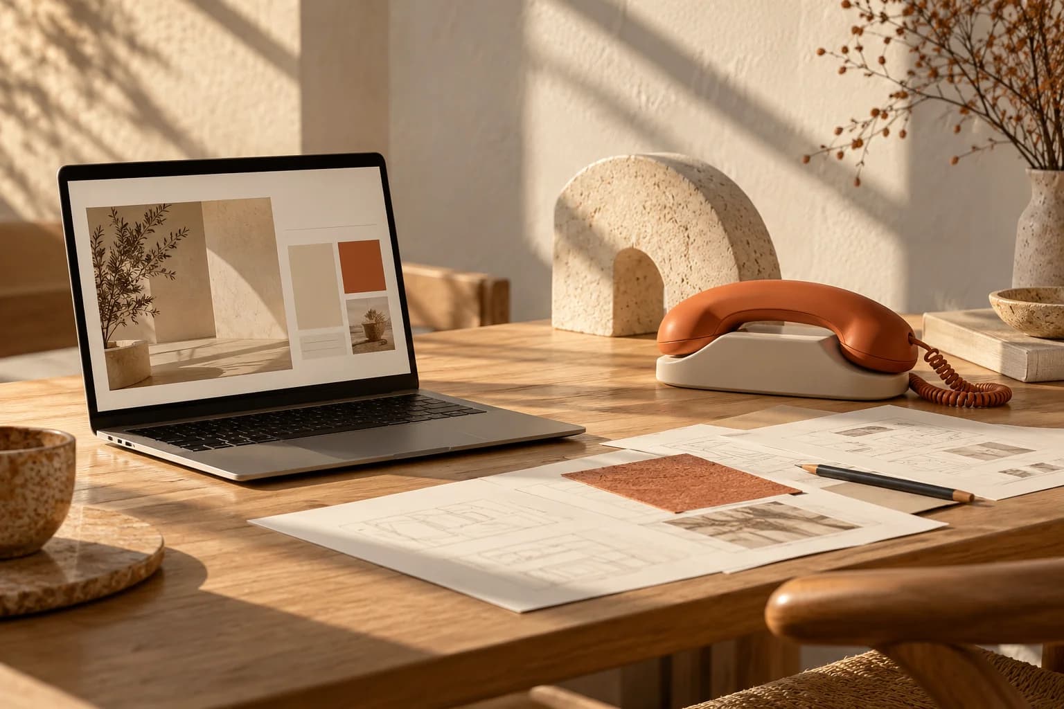 Conceptual studio still-life with an orange telephone, laptop and design sketches on a sunlit oak desk