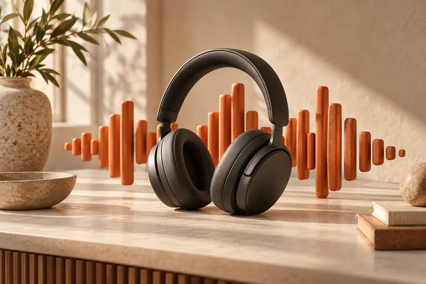 Charcoal headphones beside a sculptural orange voice waveform