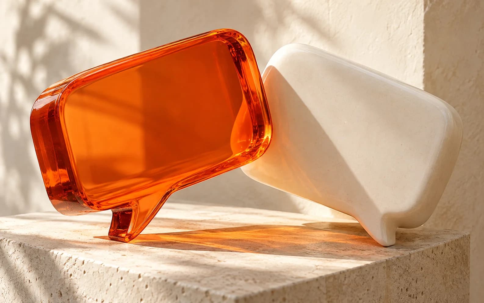 Orange acrylic and white ceramic conversation sculptures