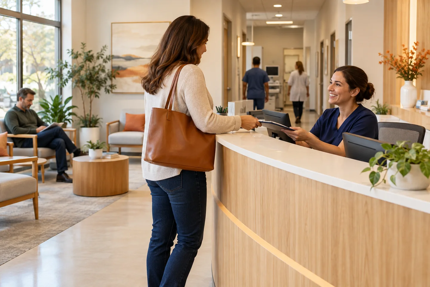 A patient checking in with a receptionist at a bright medical clinic