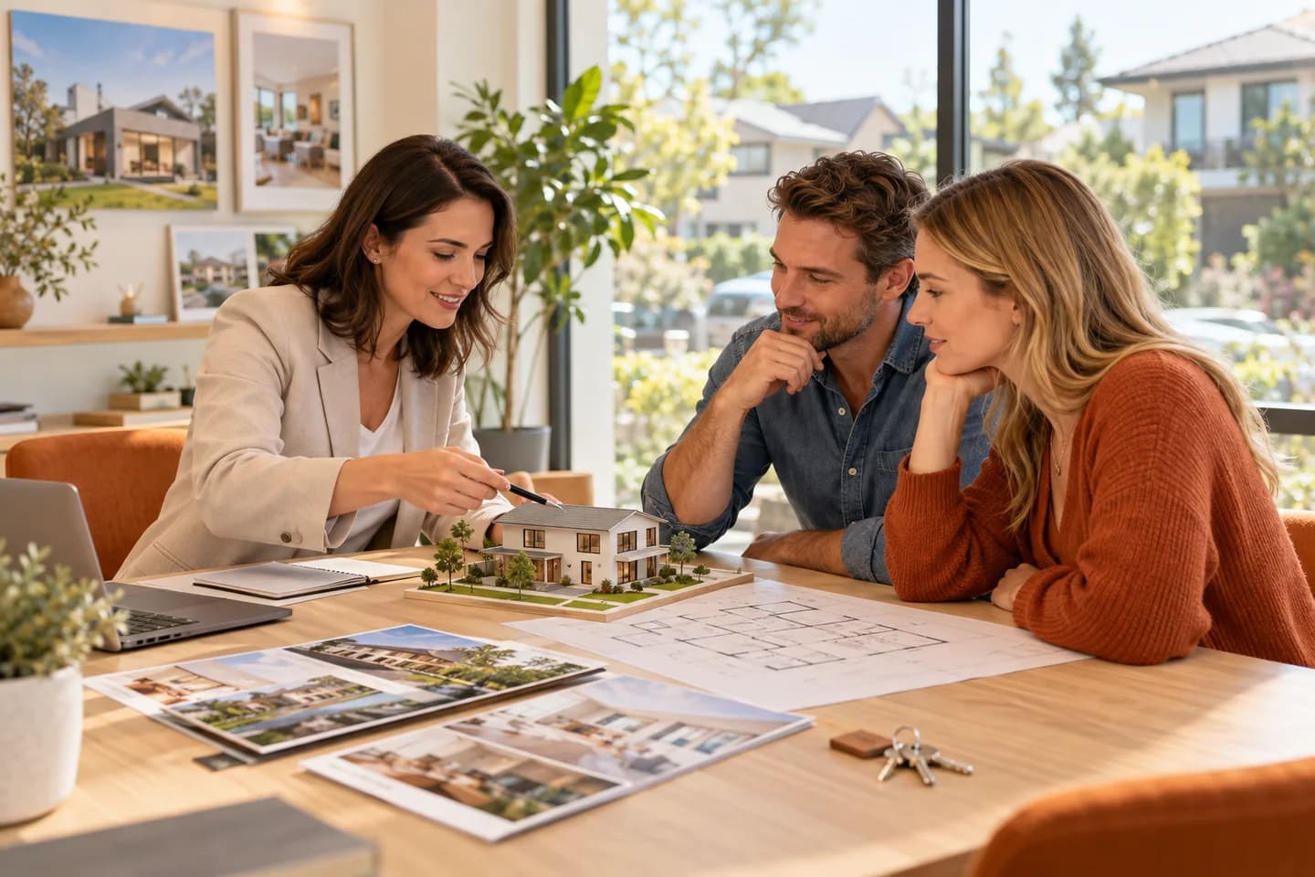 A real estate agent discussing a house model and floor plan with prospective buyers