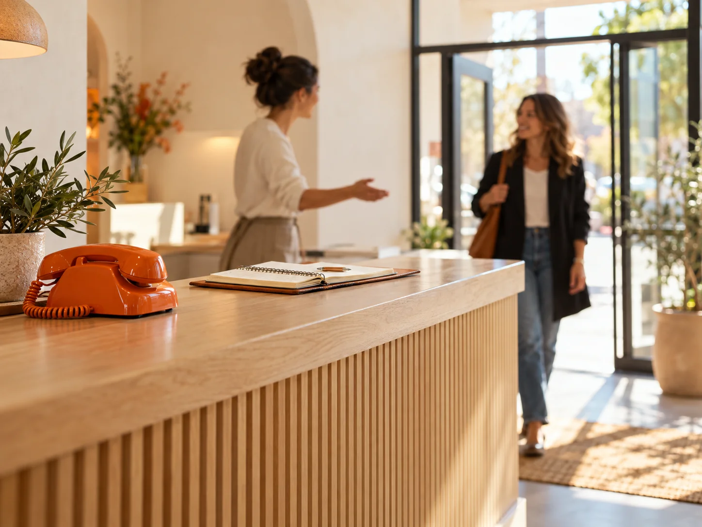A welcoming sunlit business reception with an orange telephone on the counter