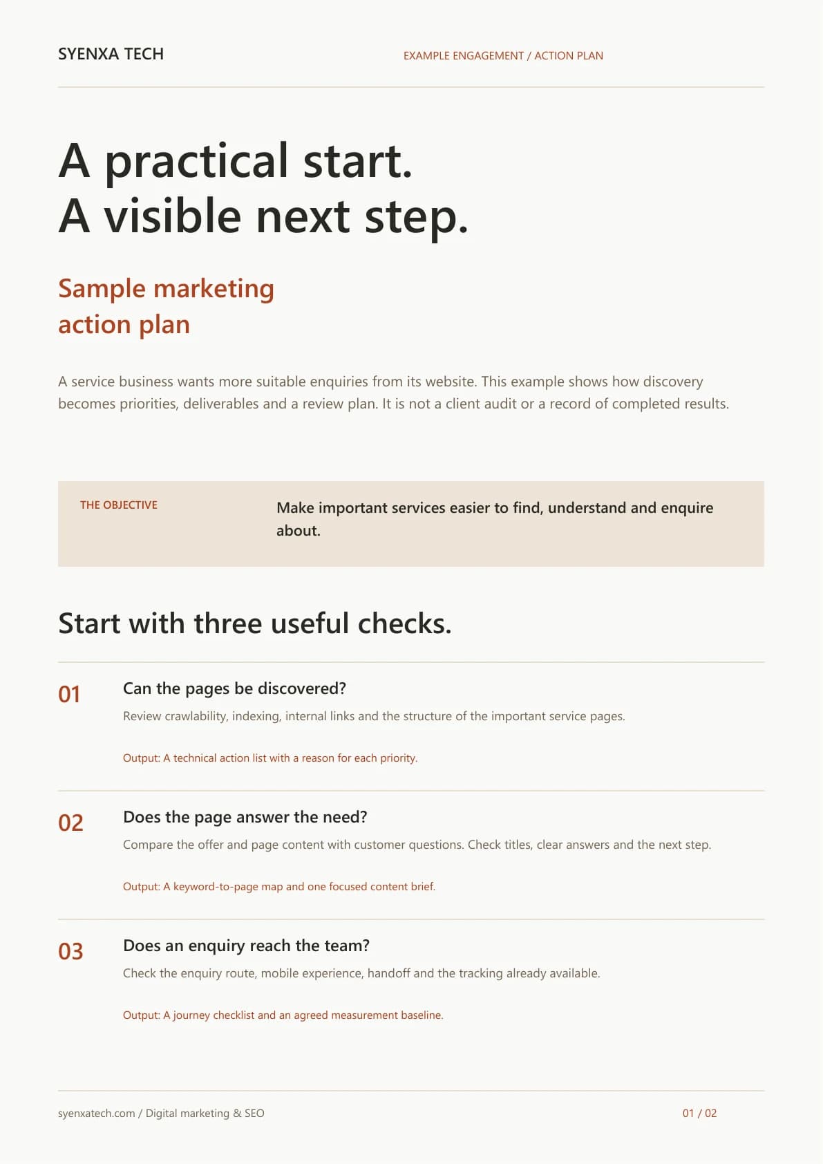 Actual cover of Syenxa’s downloadable sample marketing action plan, showing audit priorities and a 90-day roadmap