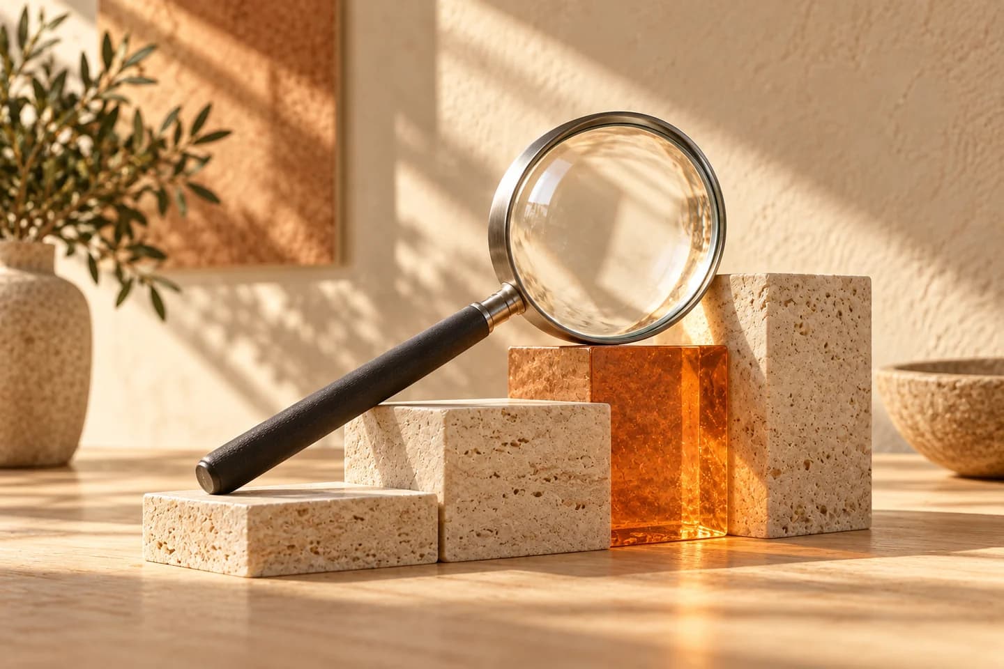 Conceptual search artwork: a magnifying glass over ivory stone and amber glass steps in sunlight