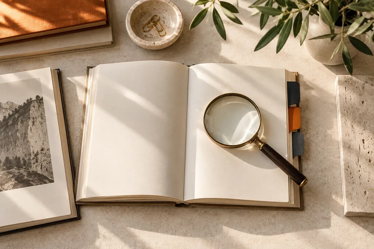 Conceptual reference books and magnifying glass illustrating search discovery
