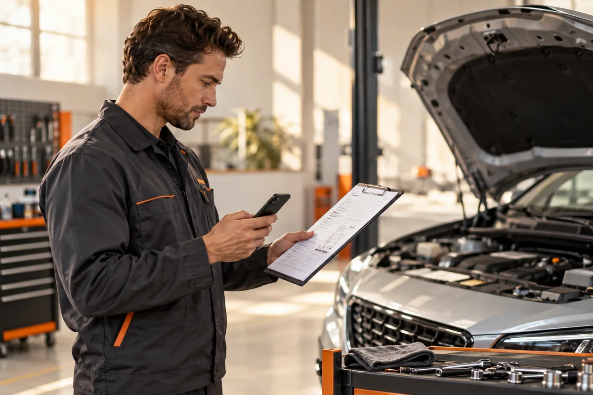 Conceptual automotive service advisor handling a workshop booking