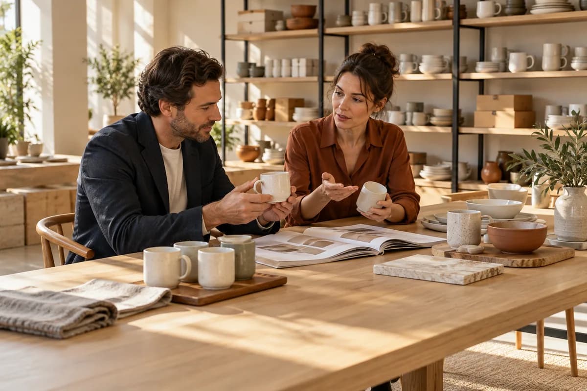Conceptual wholesale buyer reviewing a catalogue and product samples