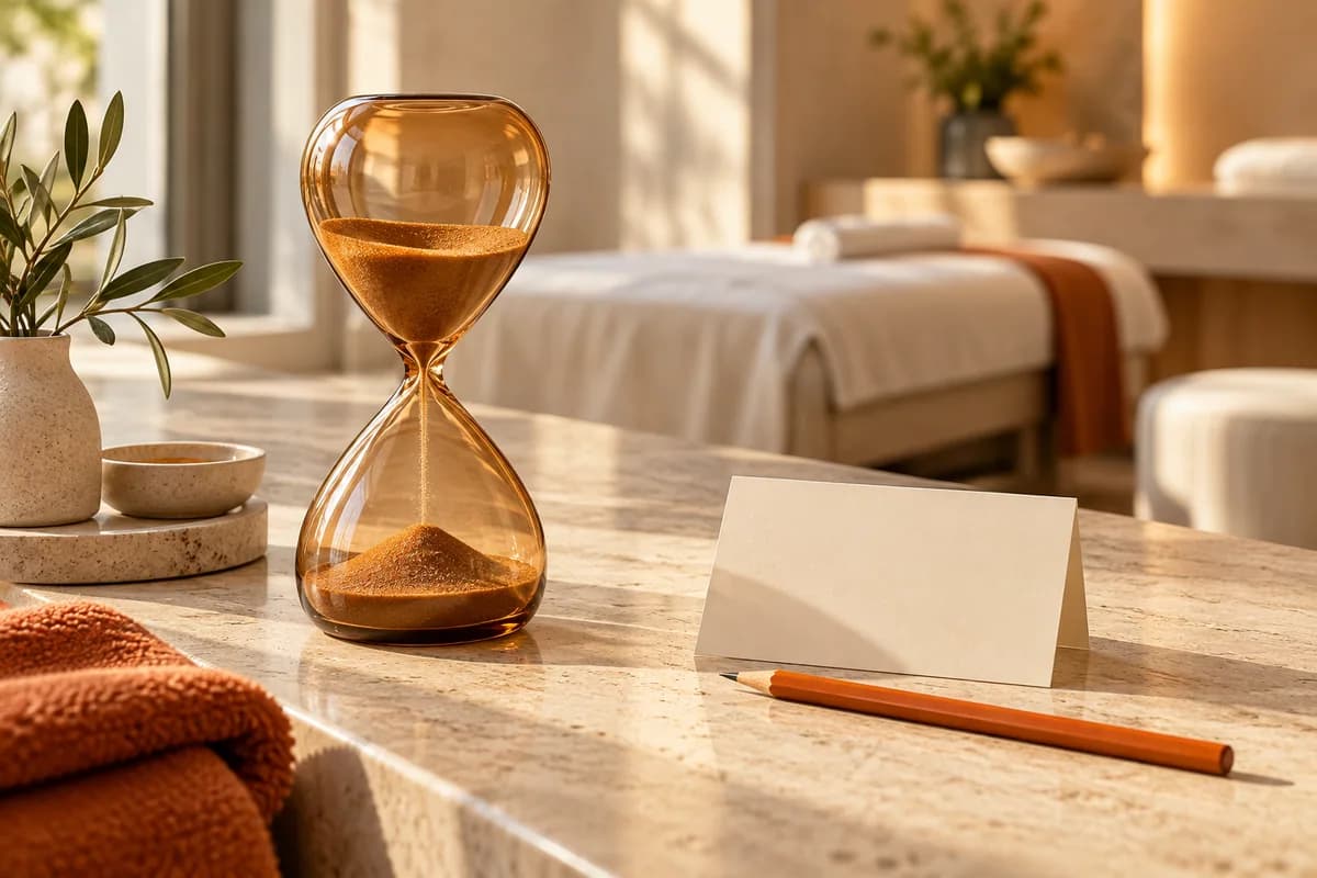 Conceptual hourglass and appointment card illustrating booking reminders