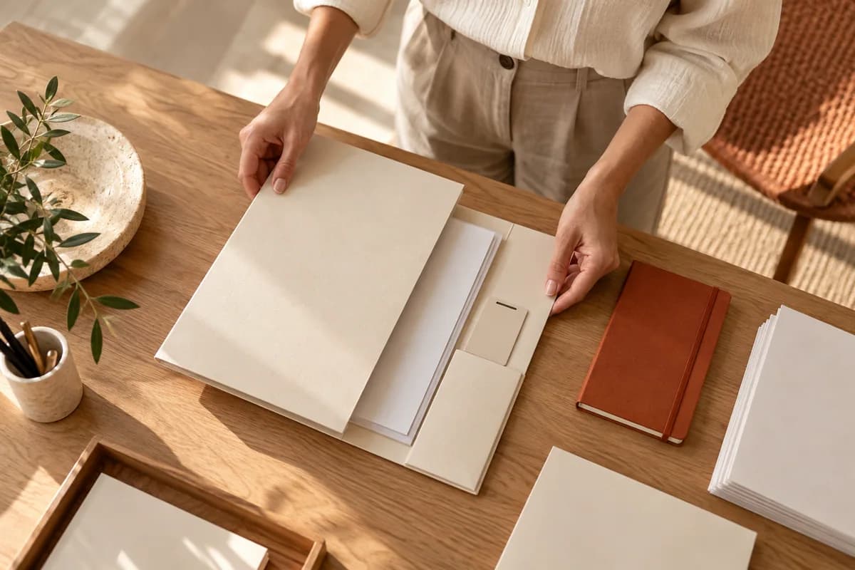 Conceptual coordinator preparing an organised client welcome kit