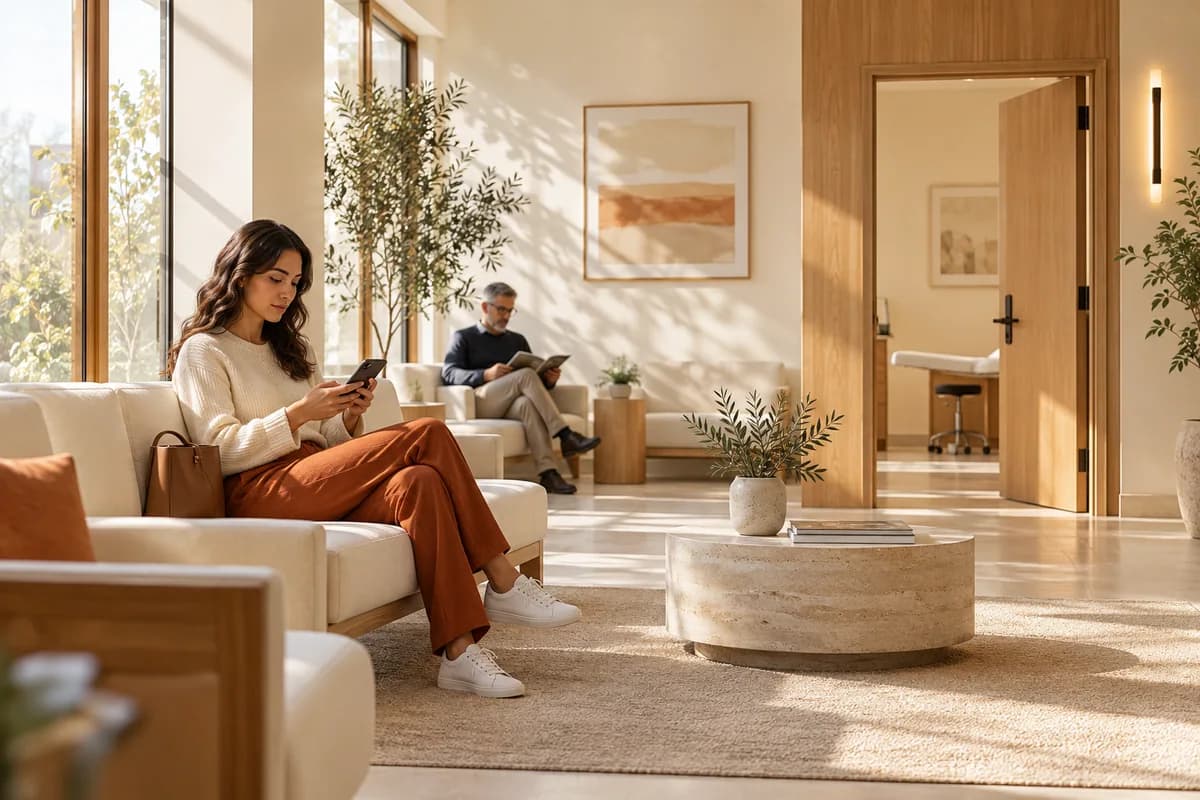 Conceptual patient using a phone in a welcoming clinic waiting room