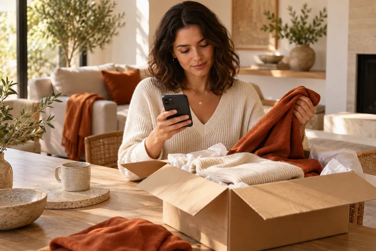 Conceptual shopper asking a product question beside an online order