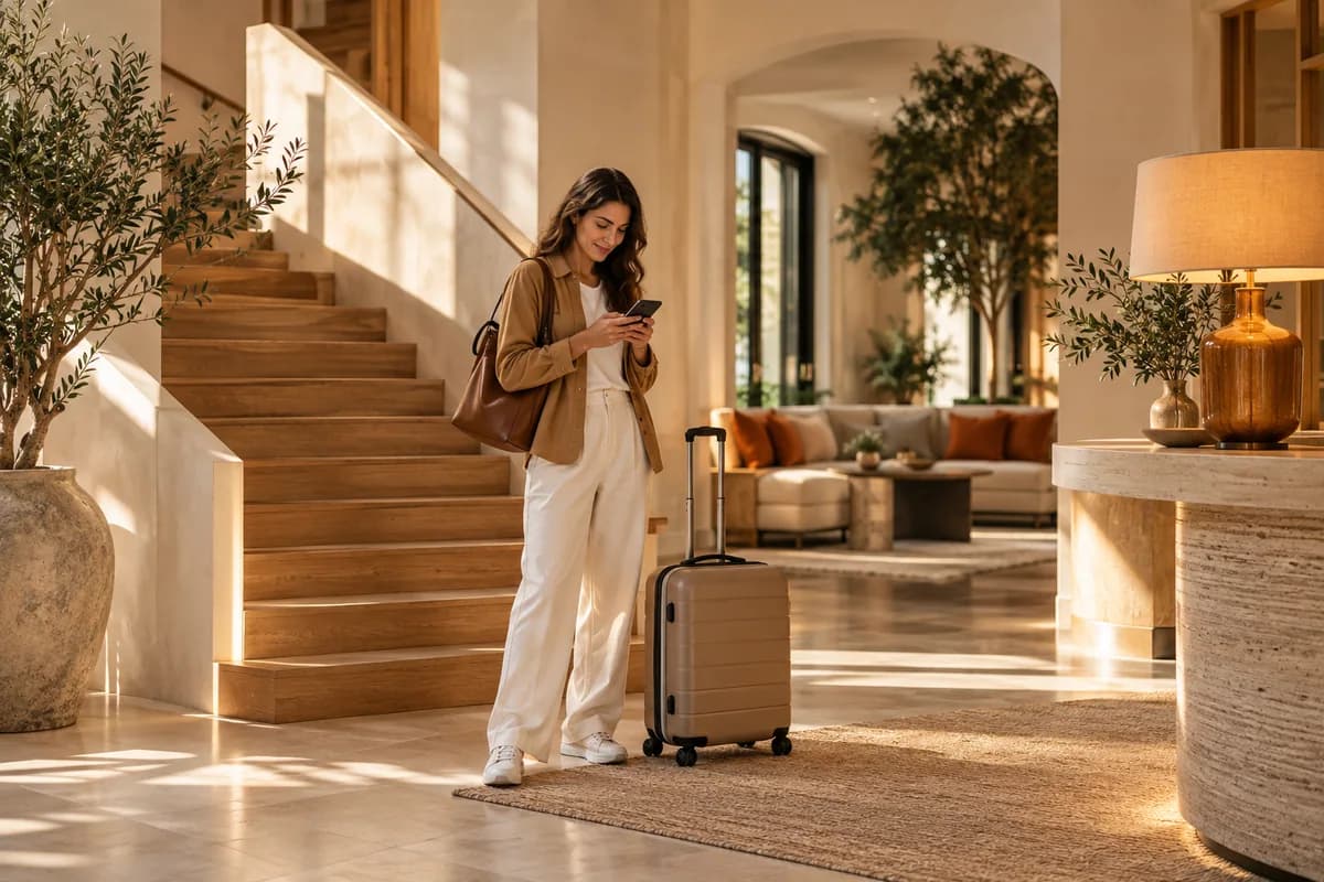 Conceptual hotel guest reviewing arrival information on a phone