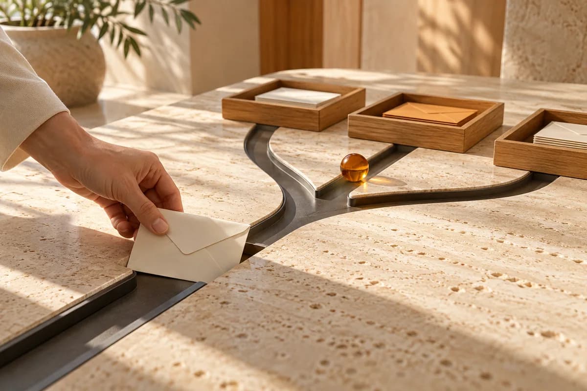 Conceptual envelope routed through branching channels to organised trays
