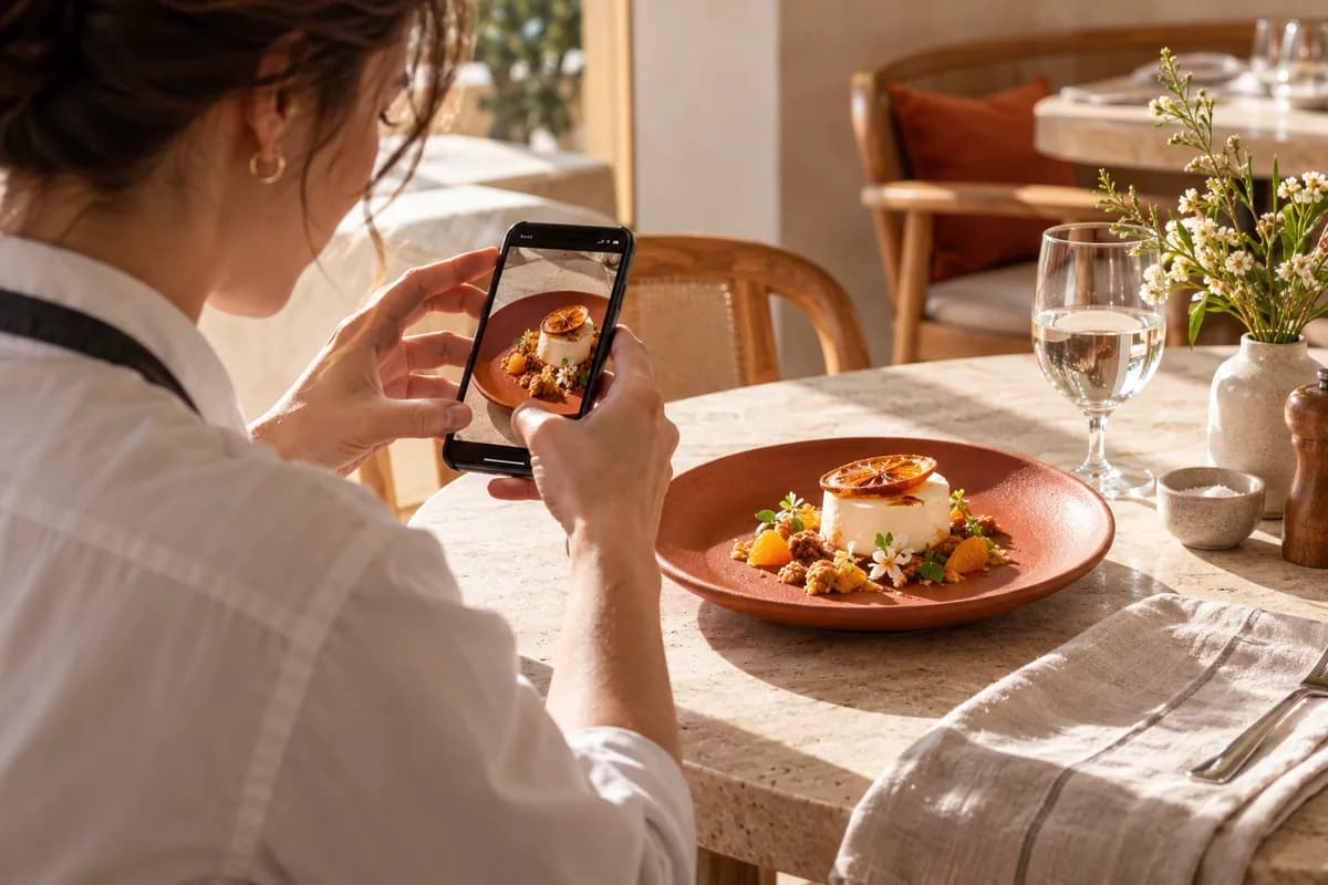 Conceptual restaurant owner creating social content for a menu