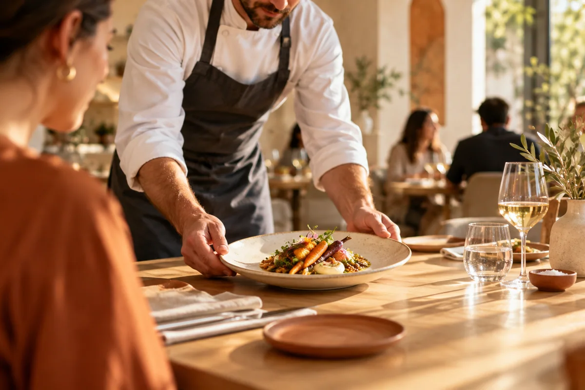 Conceptual restaurant scene with a chef presenting a meal