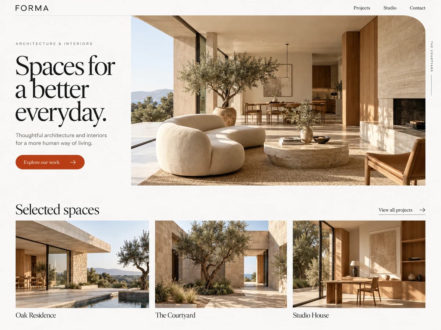 Illustrative FORMA architecture website design with an editorial hero, sunlit interior photography and a three-project gallery