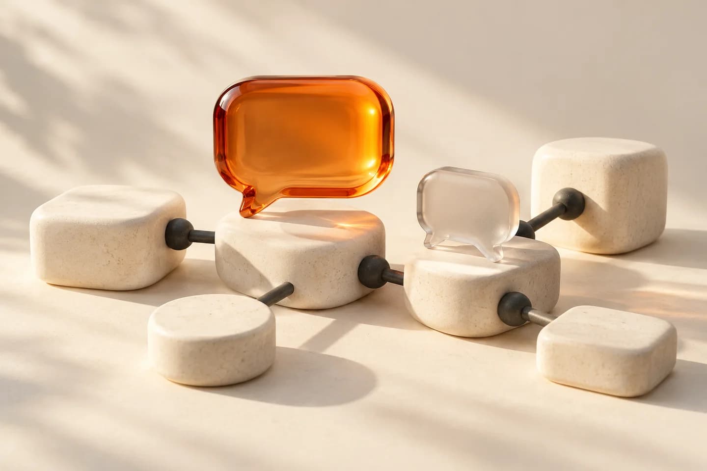Glass conversation bubbles and connected ceramic blocks representing automated workflows