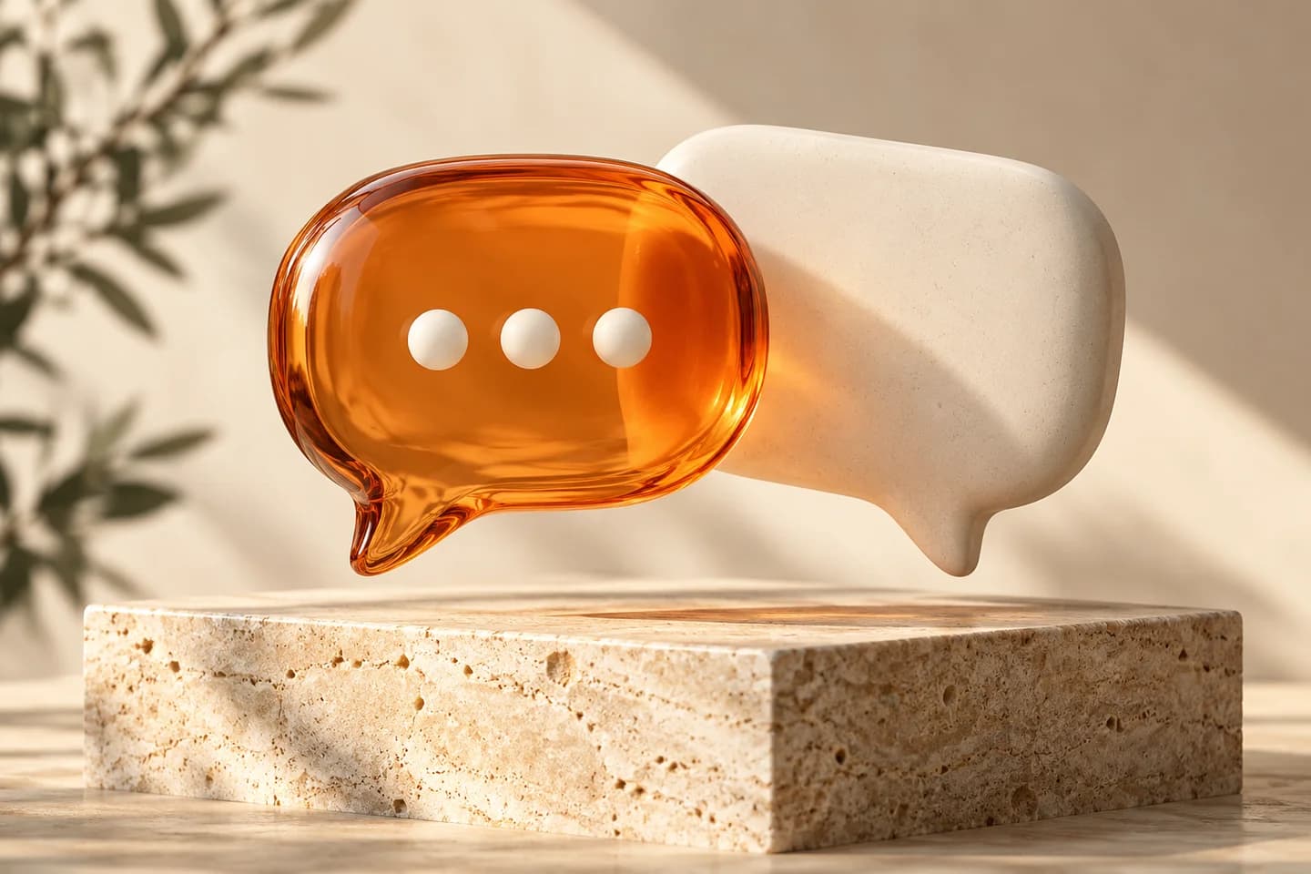 Orange glass and cream ceramic speech bubbles on a stone pedestal