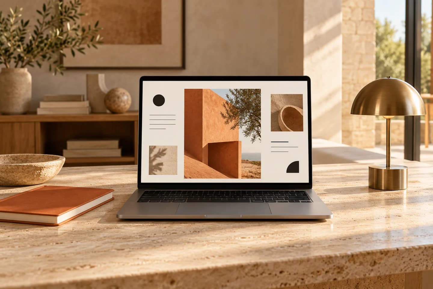 Laptop displaying a website on a sunlit creative studio desk