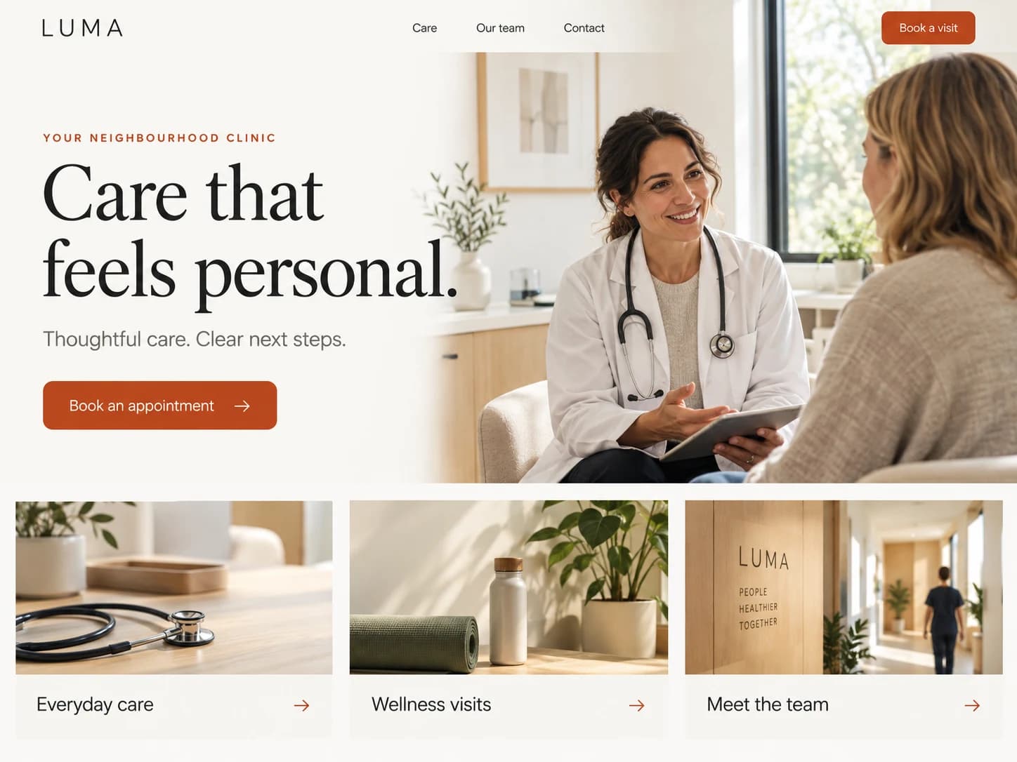 Illustrative Luma clinic website design with a clear appointment action, spacious typography and warm clinic photography